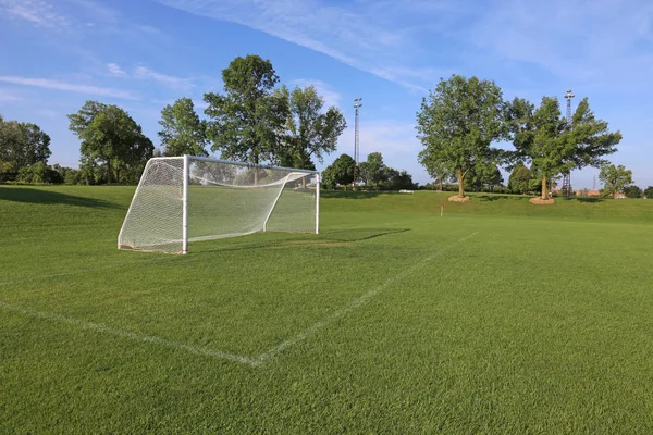 Ett Netto Ledig Fotboll Pitch Morgonljus — Stockfoto