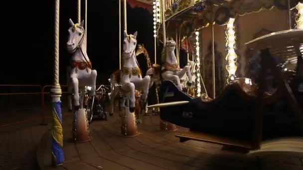 夜のカウンティー フェア遊園地メリーゴーランド — ストック動画