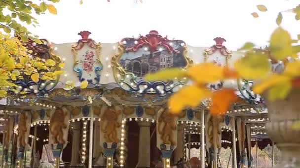 Yellow autumn leaves with merry-go-round in background — Stock Video