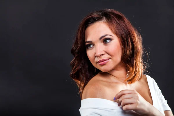 Pretty young girl on black background in studio — Stock Photo, Image