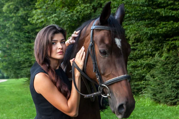 Pretty young woman and a brown horse Stock Image