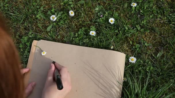 Femme Écriture Eco Sur Papier Pose Herbe Printemps Vert Sur — Video