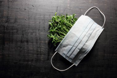 Yüz maskesi ve Siyah Arkaplanda Genç Bitkiler