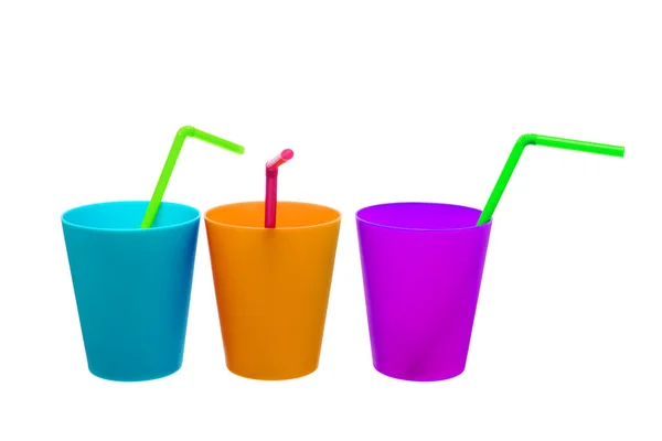 Plastic Cups Straws White Background — Stock Photo, Image
