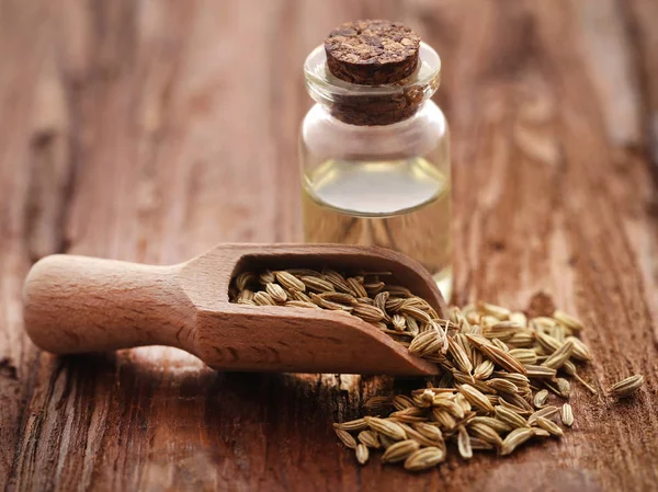 Fennel seeds with essential oil in a bottle — Stock Photo, Image