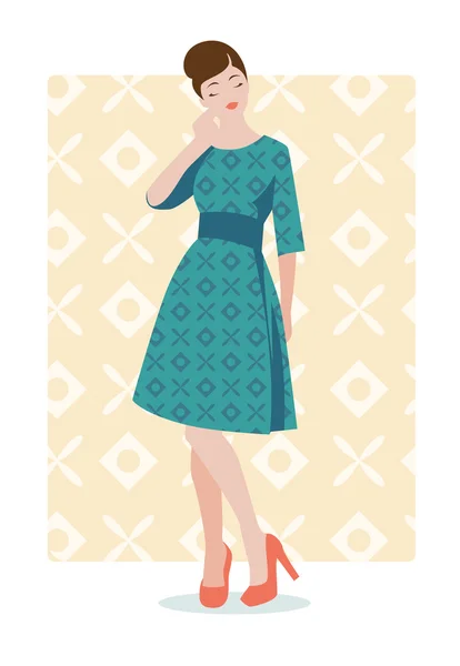 Moda ragazza timida con tacchi alti e un modello sul suo vestito e sfondo — Vettoriale Stock