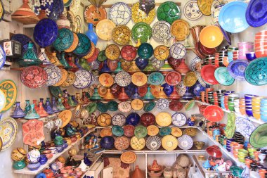 Fas 'ın Marakeş şehrinin pazarlarındaki dokular