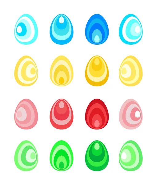 Conjunto de huevos de Pascua estilizados de óvalos concéntricos de diferente saturación de color en diferentes direcciones — Vector de stock