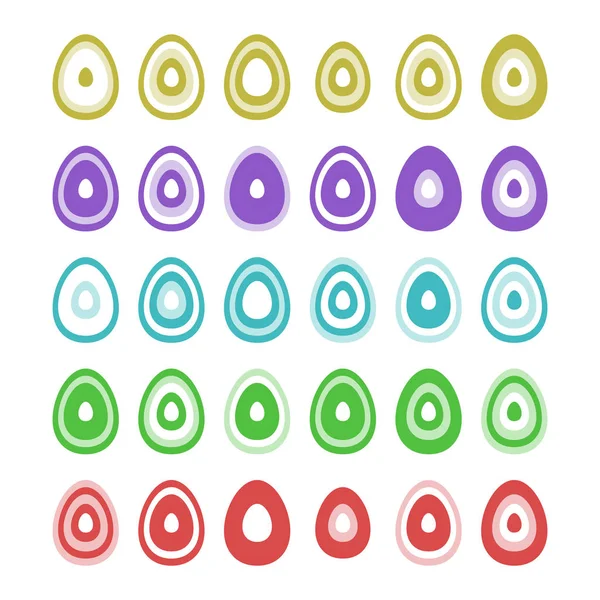 Conjunto de huevos de Pascua estilizados hechos de contornos concéntricos de saturación de diferentes colores — Vector de stock