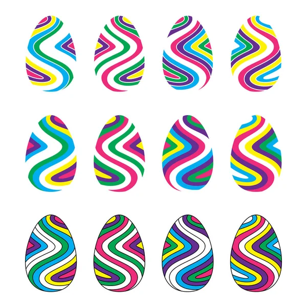 Set di immagini piatte di uova di Pasqua decorate a strisce ondulate — Vettoriale Stock