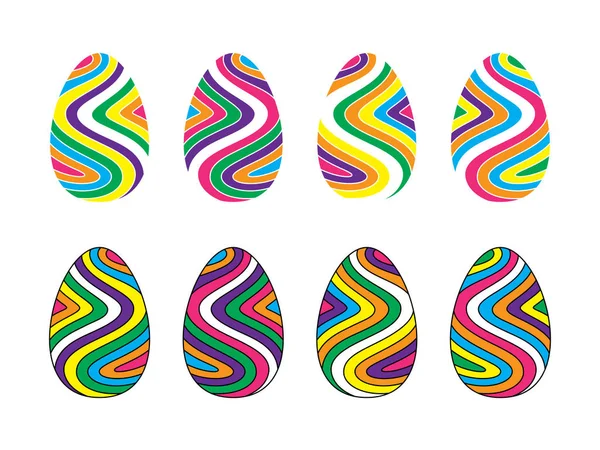 Uppsättning av platta bilder av påskägg dekorerade i vågiga ränder — Stock vektor