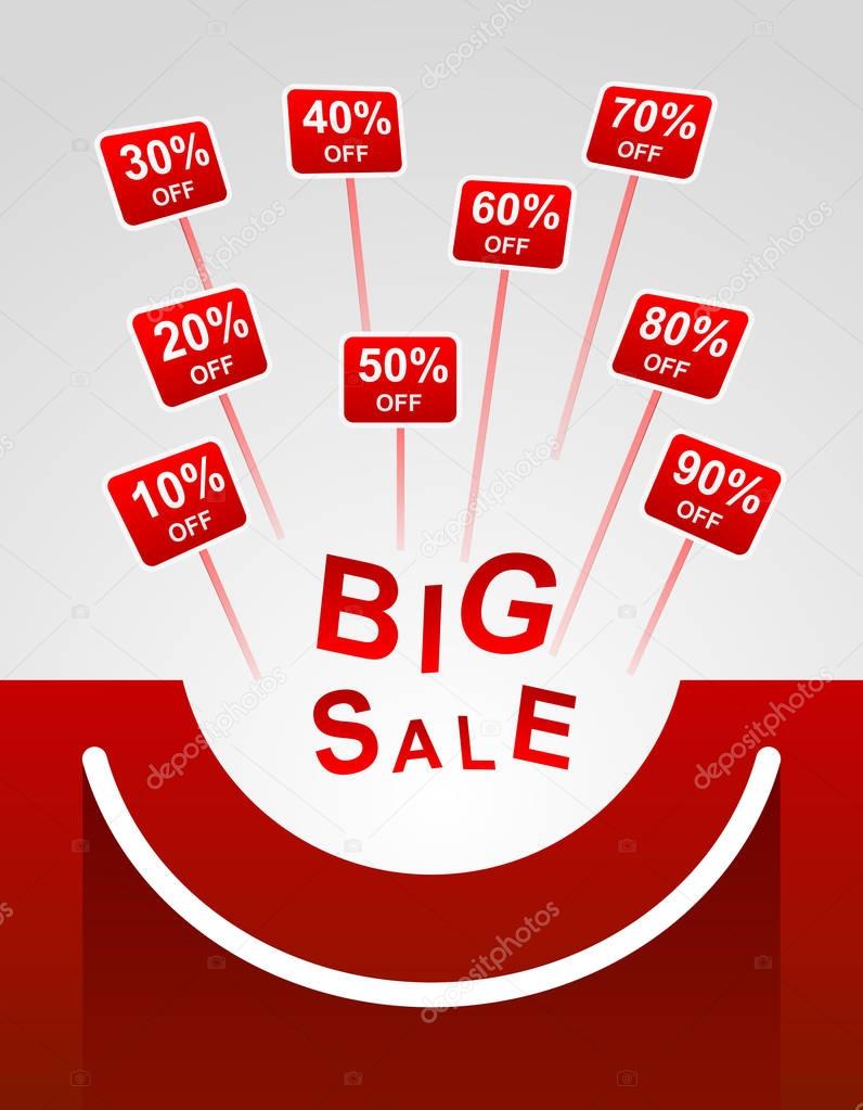 Big sale red background with plates with sticks indicating perce