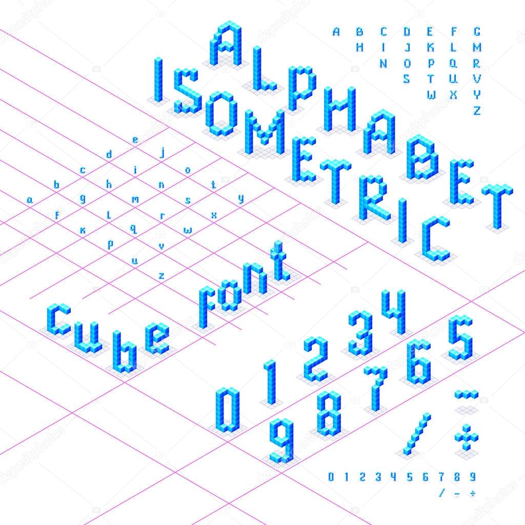 Isometric font, alphabet, abc  from blue cubes
