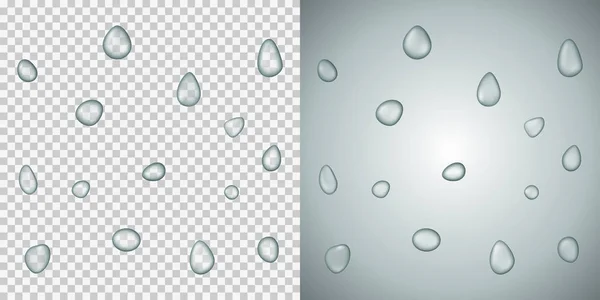 Gotas de agua vectoriales realistas sobre un fondo transparente. Exa. — Vector de stock