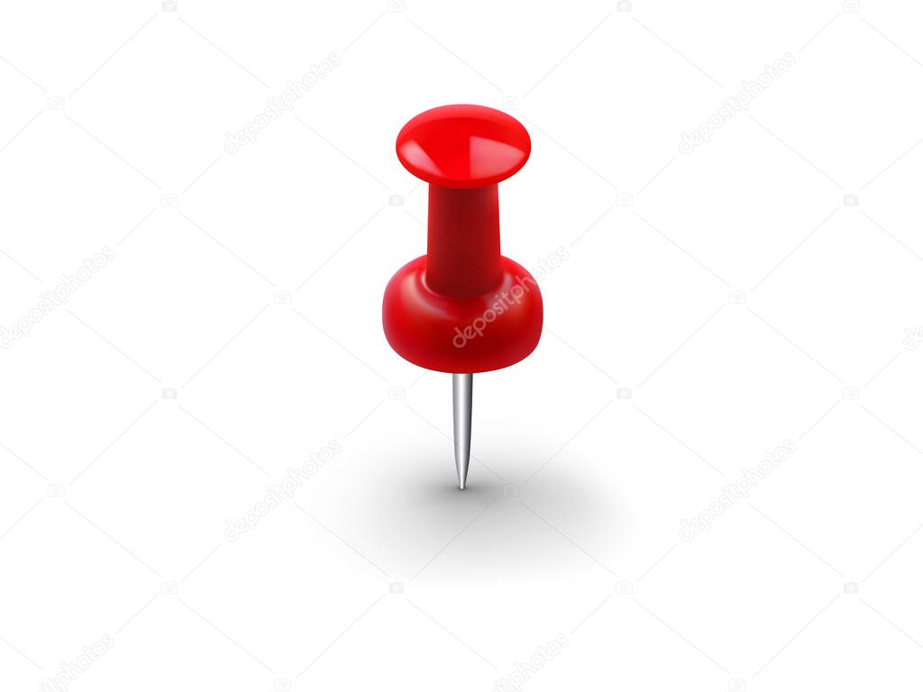 Realistic red push pin isolated on white background