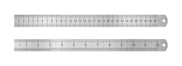 Règle en métal réaliste de 30 centimètres et une règle en métal de 12 pouces — Image vectorielle