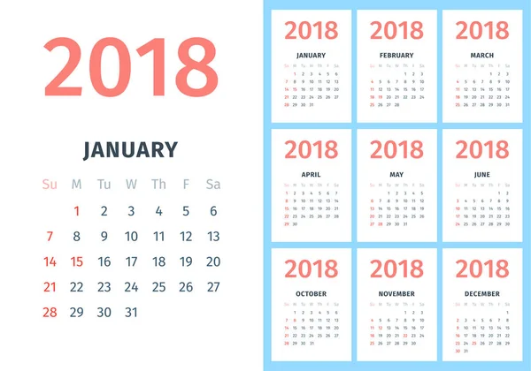 Månatliga kalender ark för kalendern för 2018 med noterade oss — Stock vektor