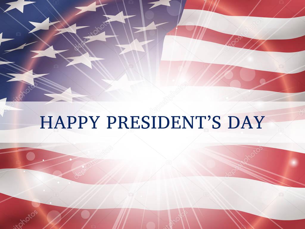 Happy president's day - poster with the flying flag of the United States of America