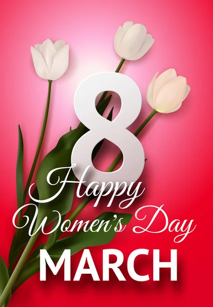Feliz Día de la Mujer 8 de marzo banner de vacaciones con tulipanes blancos — Vector de stock