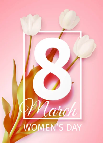 Glada kvinnodagen 8 mars vintage gratulationskort med vita tulpaner — Stock vektor