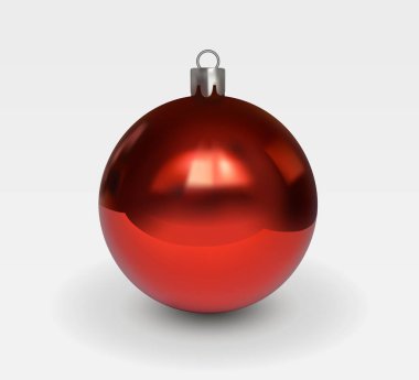 Beyaz zemin üzerinde izole ışık demetleri olan kırmızı cam noel ağacı topu