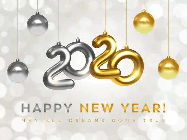 Happy New 2020 Year. Holiday banner of silver and golden metallic numbers 2020 and sparkling shiny Christmas balls — Stock Vector