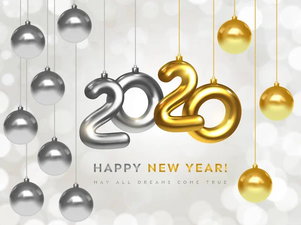 Frohes neues Jahr 2020. Weihnachtsbanner aus silbernen und goldenen Metallic-Zahlen 2020 und glitzernden Weihnachtskugeln — Stockvektor