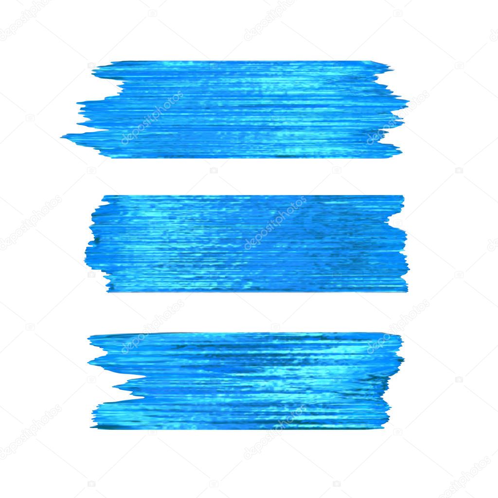 Blue glitter brushstrokes set isolated at white background. Shiny turquoise texture paint stain illustration