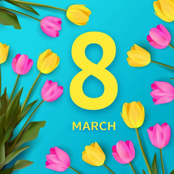 March 8 banner. Bold yellow number 8 among realistic pink and yellow tulips on a blue background — Wektor stockowy