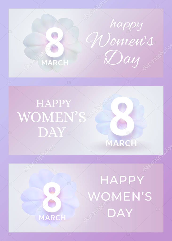 March 8 International Women's Day banner. Set of spring holiday gretting cards. Paper cutout number eight on white primula flower. Vector illustration in origami style. Love, women, femininity concept