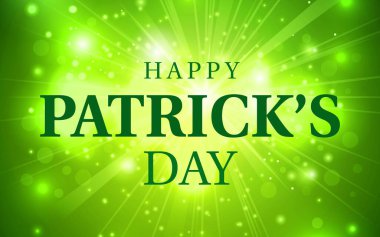 Aziz Patrick Günü posteri. Parlak yeşil bir havai fişek arka planında Büyük Patrick Günü 'nüz kutlu olsun. Geleneksel İrlanda bayramı. İrlanda bahar festivali. Vektör illüstrasyonu