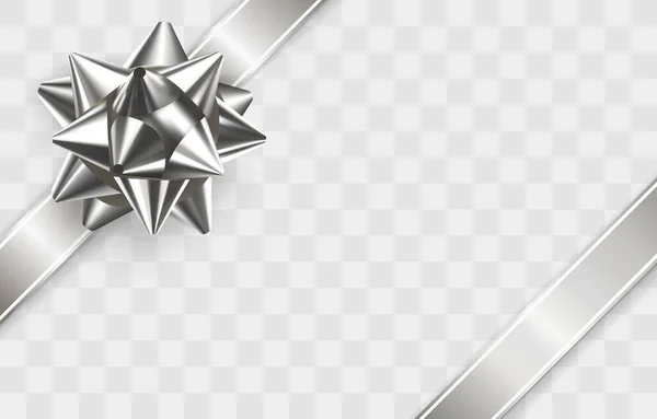 光沢のある銀弓 透明な背景に2つの銀リボンで弓を成長させる お祝い事のための装飾要素 休日の贈り物の装飾 グリーティングカードのテンプレート 現実的なベクトル — ストックベクタ