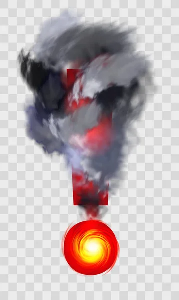 火災野火点火危険 火災危険警報ロゴ 煙が赤い感嘆符を包み込みます 光のチェックされた背景の透明性を持つシンボル ベクターイラスト — ストックベクタ