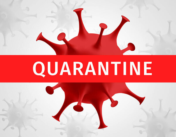 Coronavirus quarantine banner. Protection against dangerous virus. Red coronavirus icon isolated on white background with red stripe mask with text Quarantine. Health Care. 3D vector illustration