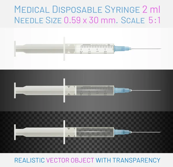 Medical Disposable Syringe Needle Size Isolated Background Different Brightness Grouped — Stock Vector