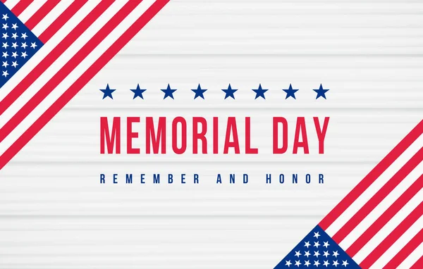 Memorial Day, Remember and Honor Poster. American national holiday. Retro american invitation template with red memorial day and us flag on white wooden backdrop for banner design. Vector illustration