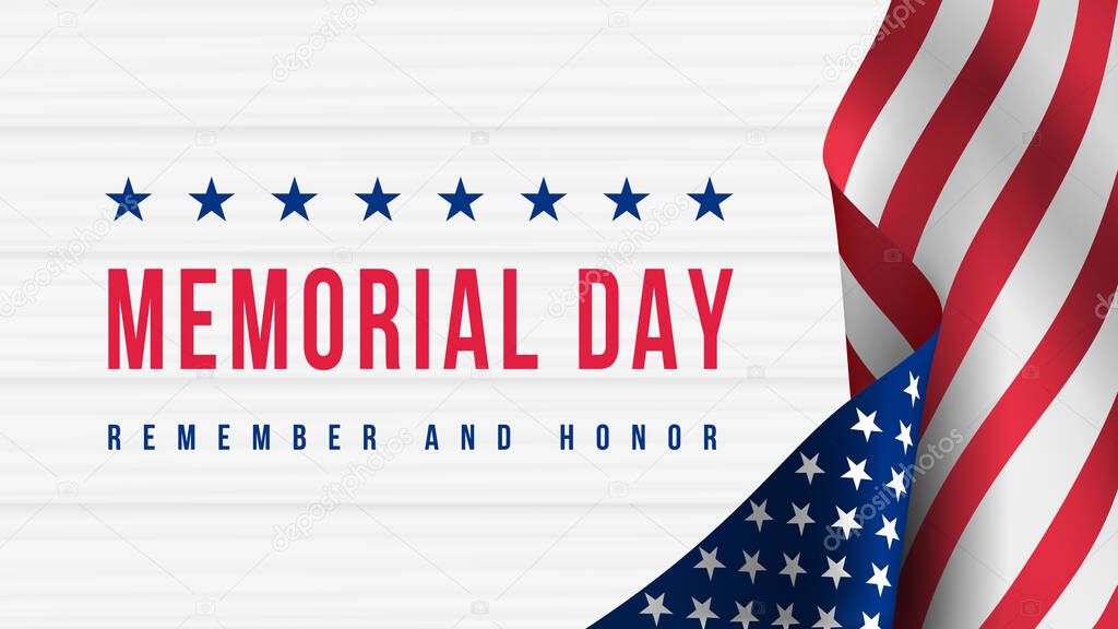 Memorial Day - Remember and Honor Poster. Usa memorial day celebration. American national holiday. Invitation template with red text and waving us flag on white wooden background. Vector illustration