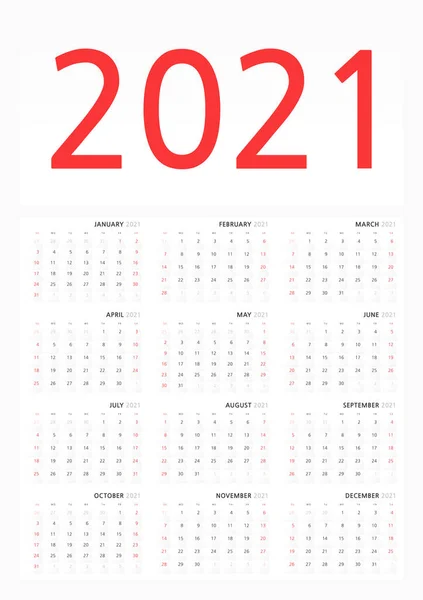 Wall Calendar Template 2021 Classic Minimalist Style Week Starts Sunday — Stock Vector