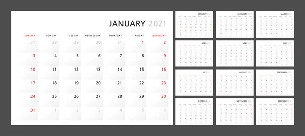 Wall Quarterly Calendar Template 2021 Classic Minimalist Style Week Starts — Stock Vector