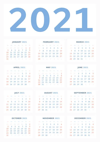 Väggkalendermall För 2021 Klassisk Minimalistisk Stil Veckan Börjar Söndag Månadskalender — Stock vektor