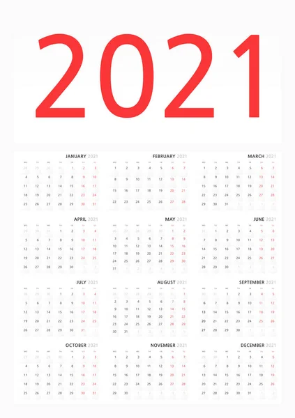 Väggkalendermall För 2021 Klassisk Minimalistisk Stil Veckan Börjar Måndag Månadskalender — Stock vektor