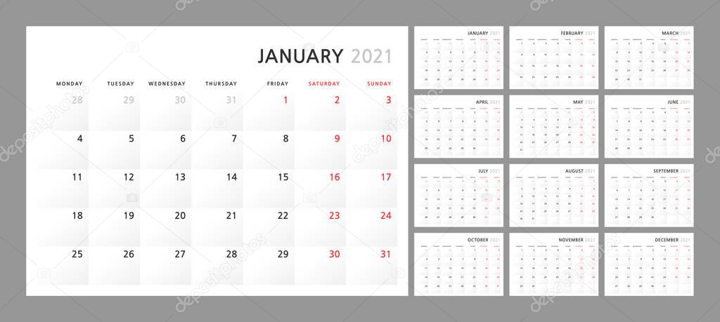 Wall quarterly calendar template for 2021 in a classic minimalist style. Week starts on Monday. Set of 12 months. Corporate Planner Template. A4 format horizontal. Ready to print. Vector illustration