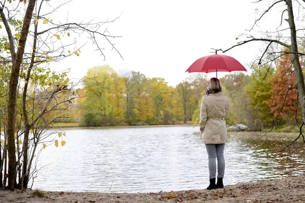 Solitario Giovane Donna Con Ombrello Piedi Sul Lago — Foto Stock