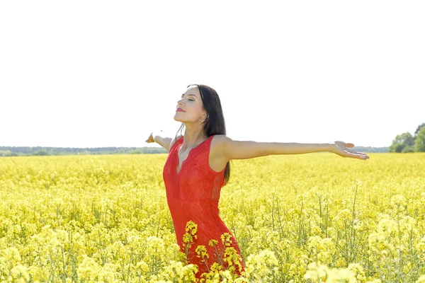 Young Woman Cheering Rape Field — Stock Photo, Image