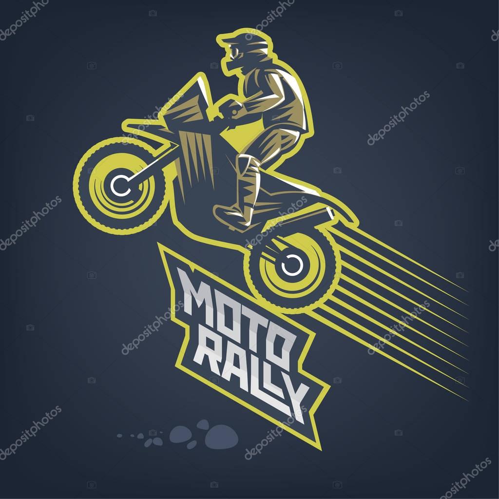 Moto rally. Sport emblem on the dark background