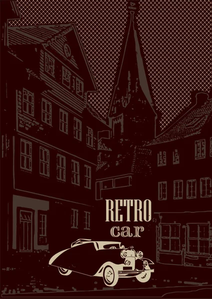 Vintage car parked on the street in the old town — Stock Vector