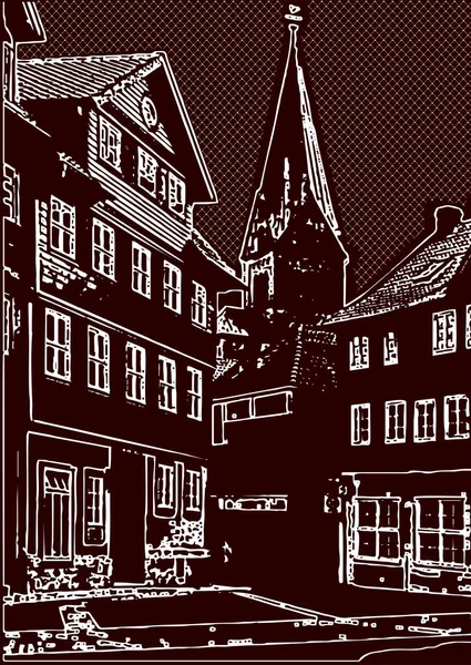 Vieille ville avec des bâtiments et une tour avec un trottoir en pierre dessinée — Image vectorielle