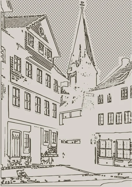 Старый город со зданиями и башней с каменным тротуаром — стоковый вектор