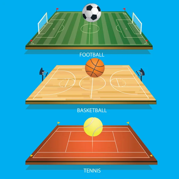 Vetor ilustração fundo campo de tênis 3D bola de tênis — Vetor de Stock