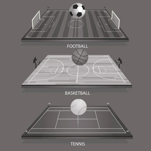 Vetor ilustração fundo campo de tênis 3D bola de tênis — Vetor de Stock